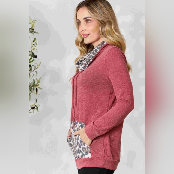 BiBi Designer Marsala Cowl Neck Leopard Drawstring Long Sleeve Top - Picture 4 of 6